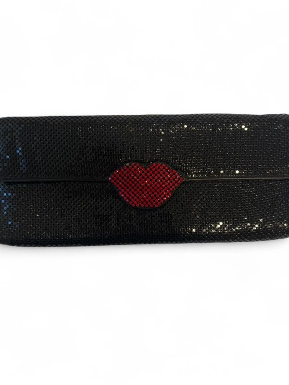Black sequin/chainmail clutch with red lips